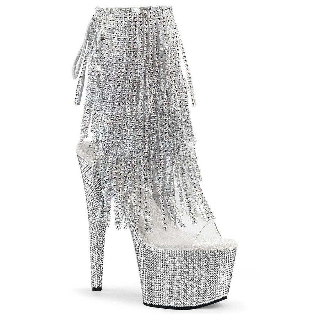 Pleaser Bejeweled 1017RSF-7 Rhinestone Platform Ankle Boots with Fringe